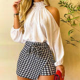 Graduation Gifts  Autumn Women Casual Two Piece Dress Sets Frill Hem Shirred Neck Cold Shoulder Top & Houndstooth Wrap Tie Front Skorts Set