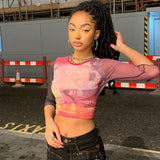 Wenkouban Print Mesh Crop Top Summer Woman Half Sleeve Tie Dye Pink Tshirts Streetwear Sexy Round Neck Slim See Through Graphic Tees