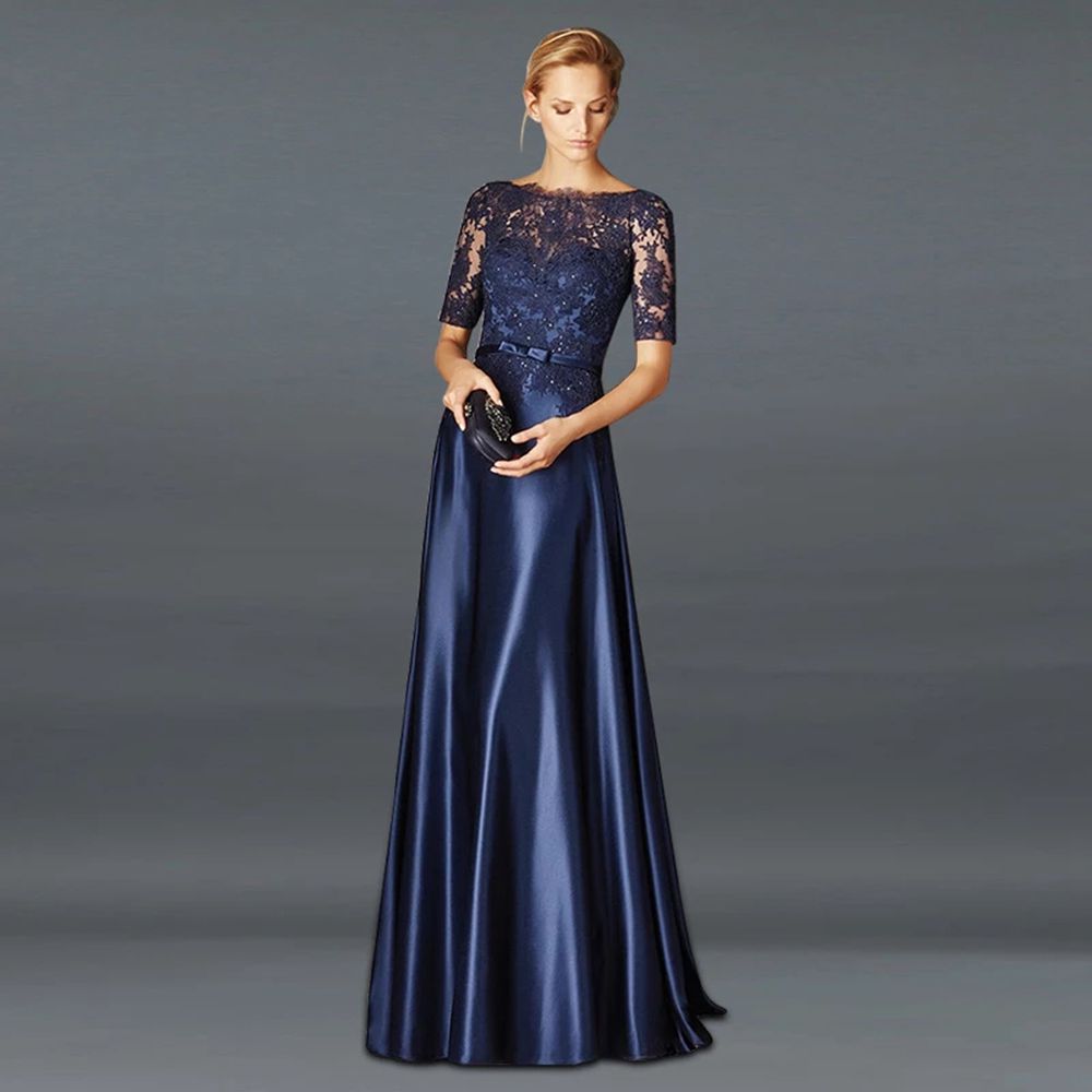 A Line Mother of the Bride Dresses 2022 Elegant Lace Half Sleeve Wedding Floor Length Navy Satin Plus Size Guest Gowns