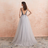 Wenkouban Beading Prom Dresses 2023 Long Sexy V-Neck High Split Tulle Sweep Train Sleeveless Evening Gown A-Line Backless Vestido De