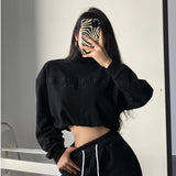 Graduation Gifts Turtleneck Long Sleeve Short Open Navel Pullover Sweatshirt Letter Embroidered Loose With Ruched Tops 9N2W