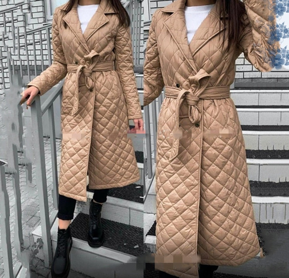 Wenkouban Long Straight Winter Coat With Rhombus Pattern Casual Sashes Women Parkas Deep Pockets Tailored Collar Stylish Outerwear