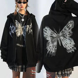 Wenkouban Butterfly Print Hooded Jackets Women Autumn Punk Zip-up Loose Coats Female Harajuku Hip Hop Streetwear Y2k Aesthetic Hoodies