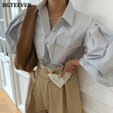Chic Elegant Loose Single-breasted Shirts for Women 2022 Autumn New Fashion Full Sleeve Pockets Female Blouse Tops