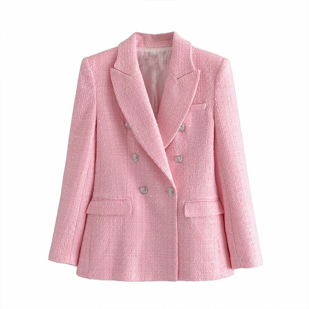 Women's Jacket 2022 New Style Pink Lapel Long-Sleeved Double-Breasted European and American Style Sub-Textured Blazer Mujer Hot