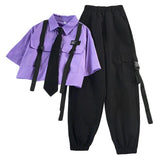 Wenkouban Autumn Streetwear Pants High-Waist Straight Ribbon Cargo Pants Student Loose Short-Sleeved Shirt with Tie two-piece Set