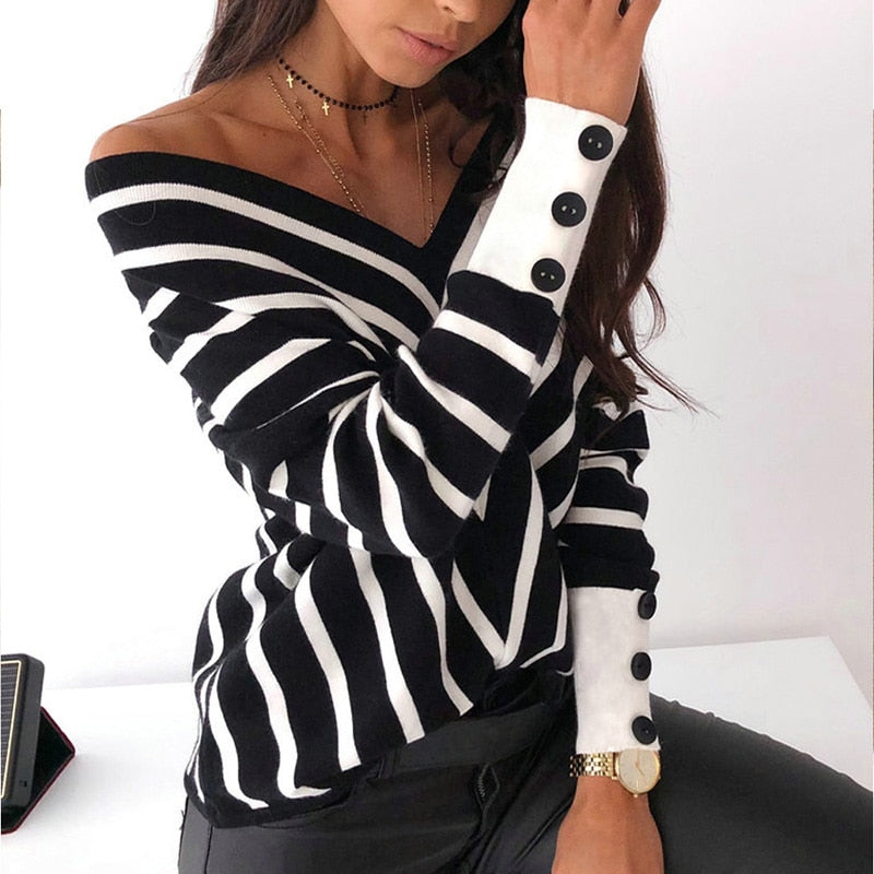 WENKOUBAN New style off-shoulder striped V-neck sweater, loose long-sleeved bottoming shirt, women's autumn and winter top sweater