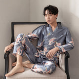 Wenkouban Women&Men Pajamas Set Print Crane Two Piece Set Lovers Satin Sleepwear Loose Shirt&Pants Couple Nightwear Lounge Wear Lingerie