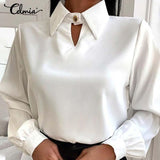Autumn Elegant Lantern Long Sleeve Satin Blouses Women Casual Office Lapel Shirts 2022 Fashion Hollow Neckline Tunic Tops