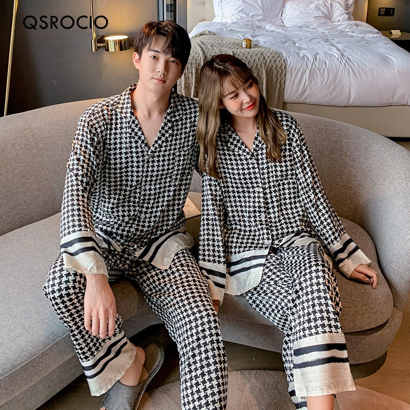 Wenkouban Autumn High Quality Women's Pajamas Set Luxury Style Geometric Print Sleepwear Silk Like Casual Homewear Nightwear Femme