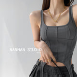 Wenkouban Fishbone Thread Safari Style Vest Irregular Hook Bottomed Shirt For Women Square Neck Sexy Sleeveless Sort Tops