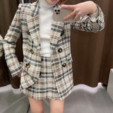 Wenkouban Women 2023 New Fashion Double Breasted Tweed Check Blazer Coat Vintage Long Sleeve Female Outerwear+Casual shorts skirts Suit