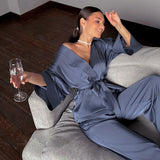 Wenkouban Drop sleeves Satin Robe Sets Bathrobe For Home Suit 2021 Sexy Sleepwear Women Pajama Loose Flare Pants Spring Fashion