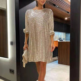 Wenkouban Sequins Women Long Sleeve Belt Mini Party Dress Loose O-Neck Ladies Solid Bling Fashion Vestidos 2023 New Year Formal Dresses