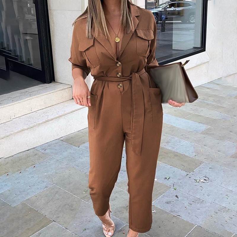 Wenkoubn  Fashion Jumpsuits Women Elegant Suit Collar Long Sleeve Rompers  Casual Solid Cargo Pants Pockets Work Overalls