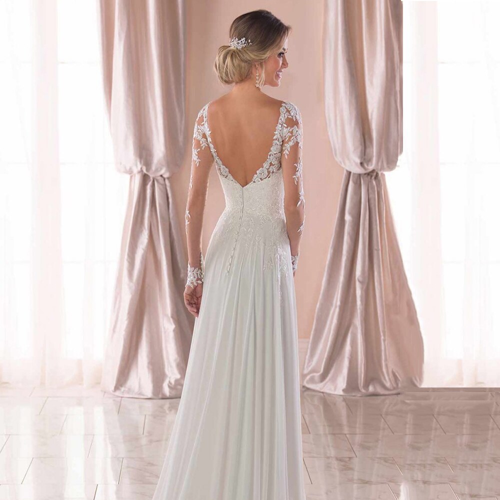 Elegant Long Sleeve A-Line Wedding Dresses 2022 Lace Appliqued Long Sleeves Bride Dress Sweep Train Bridal Gown Vestido De Novia