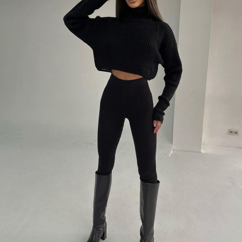 Wenkouban Back To School Woman Two Pieces Set Autumn Winter Knitted Pants Suit Casual Long Sleeve Turtleneck Sweater Skinny Pants Tracksuit