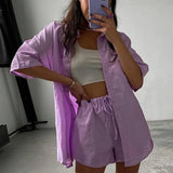 Women's 3/4 Sleeve Short Tracksuit Two Piece Suit Oversized Loose Shirt Elastic Waist Drawstring Shorts 2023 Summer Lady Sets