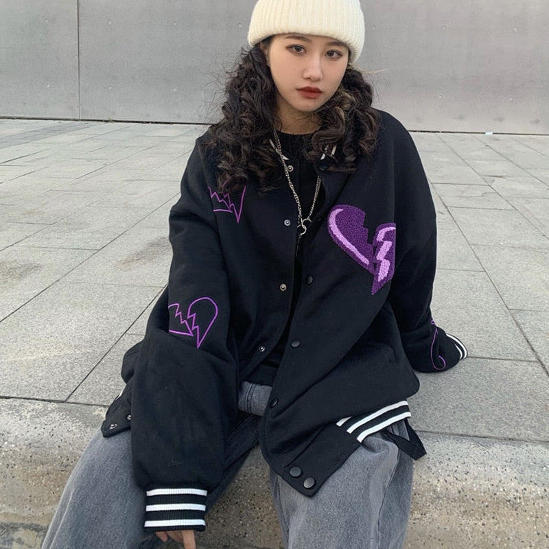 Wenkouban Harajuku Broken Heart Embroidery Jacket Women Bomber New Fashion Oversized Baseball Uniform Streetwear High Street Jacket