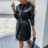 Wenkouban   PU Leather Jacket 2022 New Autumn Women Clothing Loose Belt Faux Leather Windbreaker With Trench Coat Slim  Black