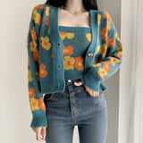 Wenkouban Flower Print Cropped Cardigan Women Korean Fashion Casual Blue Sweater Single-Breasted Long Sleeven Tops + Knit Vest 2 Pcs Set