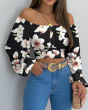 WENKOUBAN   Autumn Women Daisy Print Crossed Tied Back Crop Top 2023 Femme Casual Off Shoulder Ruched Lantern Sleeve Blouse y2k Lady Outfits