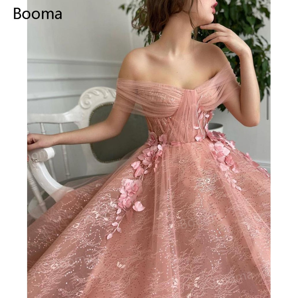 Graduation Gifts Pastel Pink Lace Prom Dresses Off the Shoulder Ruched Tulle 3D Flowers Evening Dresses Open Back A-Line Formal Prom Gowns