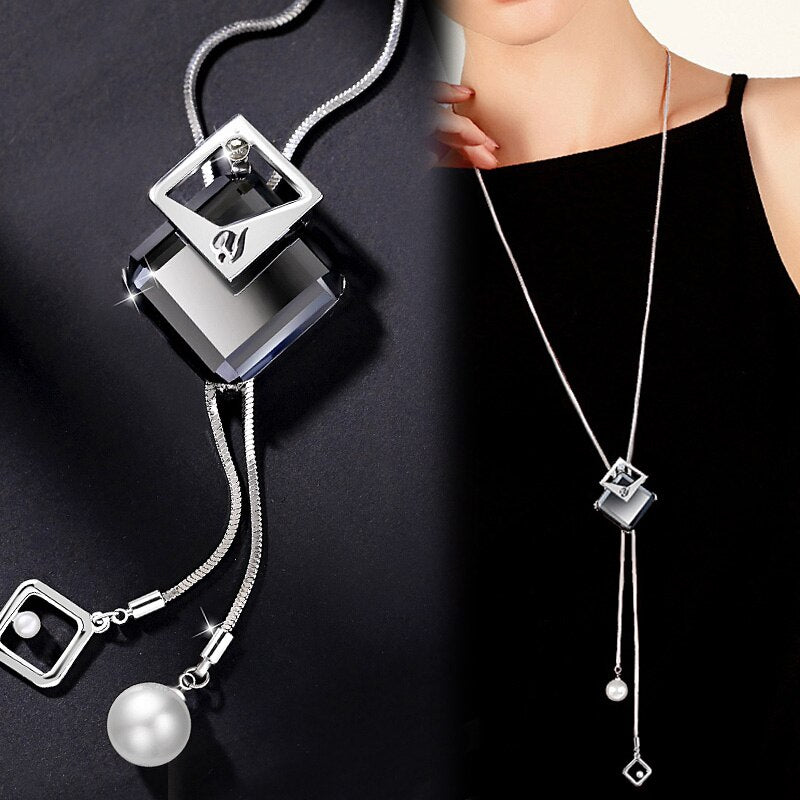 Wenkouban Fashion Long Chain Sweater Necklaces & Pendants for Women Blue Opal Rhinestone Flower Pendant Necklace Female Jewelry