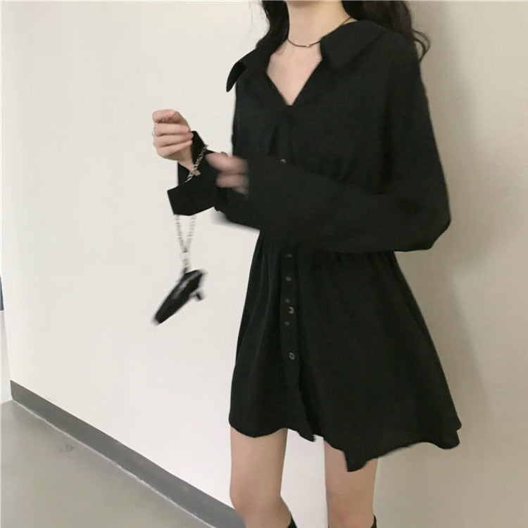 Wenkouban Goth Long Sleeve Dress Women Plus Size Harajuku Punk Black Mini Dresses Autumn Lace Up High Waist A-Line Vintage Gothic Clothes