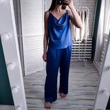 Wenkouban Blue Sleeveless Sexy Pyjamas For Women Sleepwear Satin Two Piece Set Elastic Waist Flare Pants Home Suit Sets Spring 2021