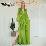 Green Simple Prom Dresses V-neck Irregular A Line Floor Length Puff Sleeve Hollow Out Evening Party Gowns Custom Size