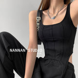Wenkouban Fishbone Thread Safari Style Vest Irregular Hook Bottomed Shirt For Women Square Neck Sexy Sleeveless Sort Tops