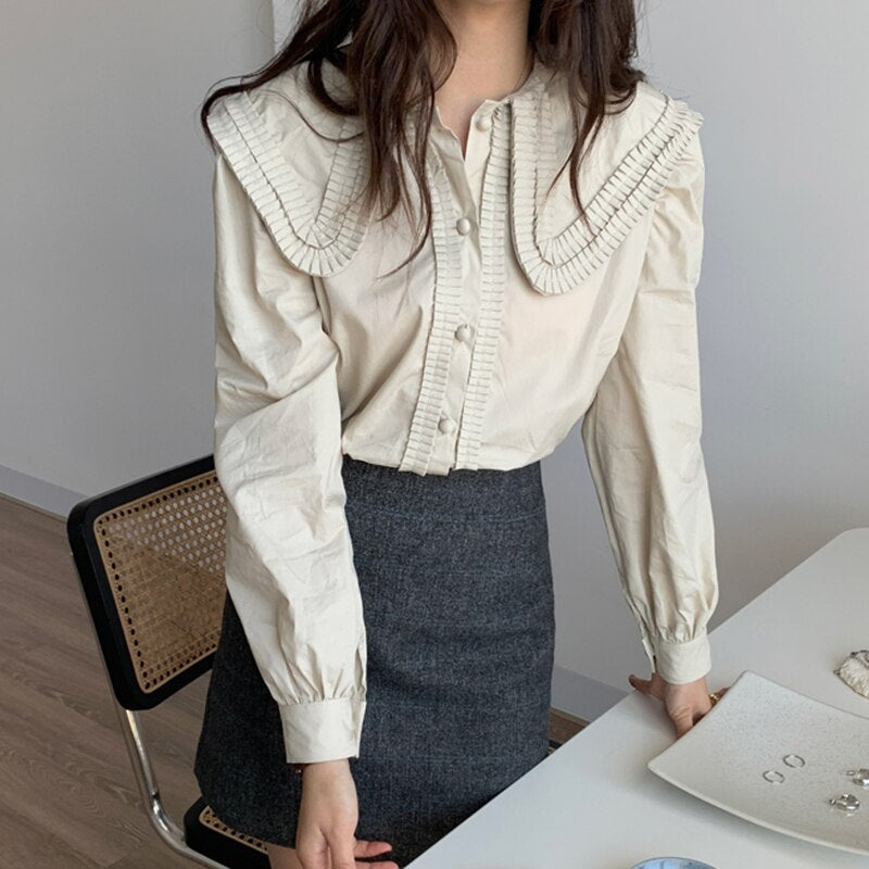 Wenkouban Vintage Puff Long Sleeve Women's White Shirt Turn-Down Collar Loose Woman Blouses Tops Spring New OL Office Shirt Blusas 13792