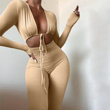 Wenkouban Long Sleeve  Bodysuit Women Jumpsuits Solid Color Female Deep V-Neck Tied Up Rompers Fitness Front Hollow Out Long Pants  2023