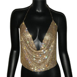 FestivalQueen Brilliant Rhinestone Backless Party Crop Top Women 2022 Summer Deep V Neck Night Club Diamonds Metal Tank Tops