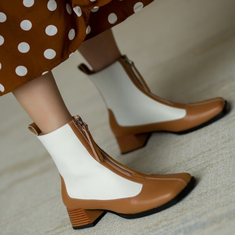 Wenkouban  fashion inspo   New Fall Shoes Women Square Toe Chunky Heel Boots Women Genuine Leather Mixed Colors Women Boots Fashion Boots Black Women Shoes