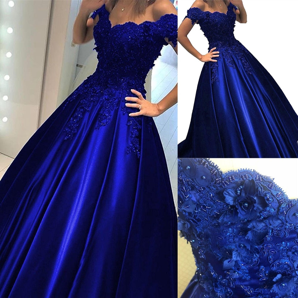 New 3D beaded royal blue ball dress cheap ball dress off-the-shoulder lace bodice satin back evening dress
