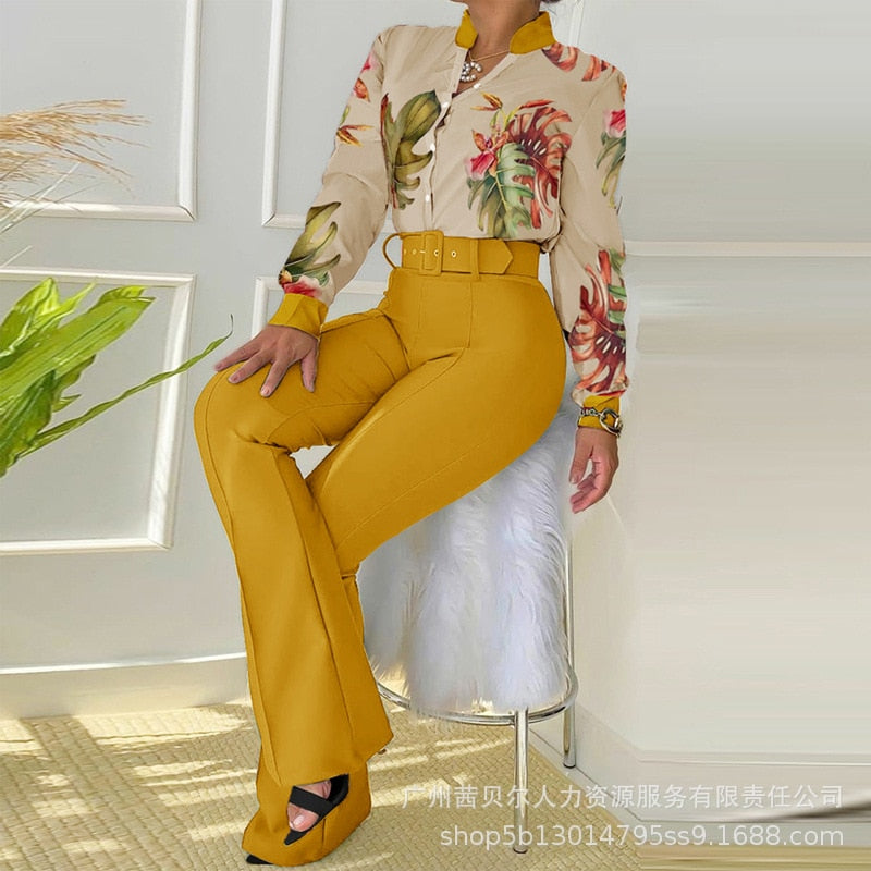 Wenkouban 2023 new ladies trouser suits, long sleeve shirts and solid color trousers, casual women's fashion floral printed shirts, 2-piec