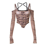 Wenkouban Y2k Long Sleeve Crop Top Femme Sexy Club T Shirts for Women Vintage Corsets Busiter Brown Print Graphic Tee