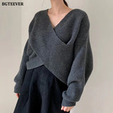 Wenkouban Fashion V-neck Cross Women's Sweater Jumpers Streetwear Loose Knitwear Autumn Winter Solid Female Knitted Pullovers