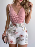 Graduation Gifts  Summer Women Fashion Two Piece Suit Sets Office Lady Sleeveless V Neck Pink Plain Ruched Top & Tropical Print Shorts Set