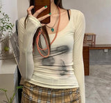 Wenkouban Korean Style Mesh Top Women Tie Dye Printed See Through T Shirt Sexy Slim Translucent Sheer Tops Grunge Tshirts Japanese