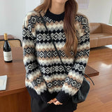 Wenkouban Knitted Sweater Women Oversized Argyle Pullover Vintage Jumper Long Sleeve Knitwear Autumn Winter Warm Tops Style Chic Sweater