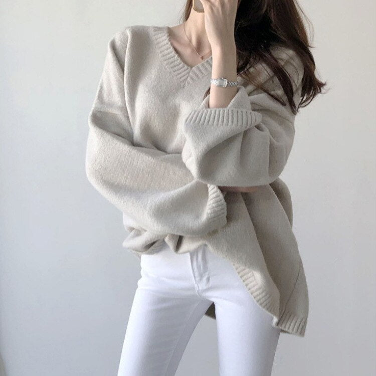 Wenkouban Autumn Winter V Neck White Sweater Women Oversize Pullover Ladies Elegant Loose Knitwear Top Casual Knitted Sweater Sueter Mujer