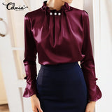 Women Satin Blouses Elegant Long Sleeve Silk Tops 2022 Pearl Stand Collar Female Office Shirts Solid Casual Party Blusas