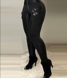 Wenkouban Women Zipper Design Faux Leather Pants High Waist Trousers Women Casual Buckle PU Pants