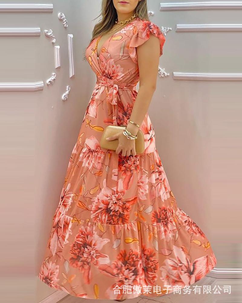 WENKOUBAN Spot 2023 new female fashion pink printed V-neck chiffon dress