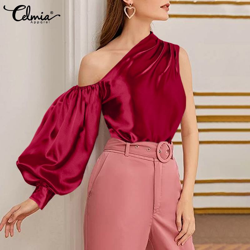 Women Satin Blouse 2022 Elegant Sexy One Shoulder Tops Fashion Lantern Sleeve Summer Asymmetrical Casual Party Shirts