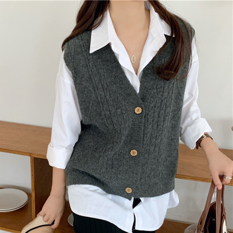 Wenkouban Knitted Cardigans Single-Breasted Sweater Vest Solid Deep V-Neck Sleeveless Women Tank Sweater Casual Waistcoat Outwear