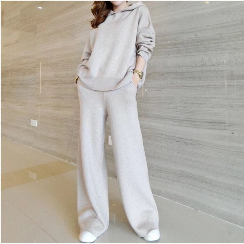 Wenkouban 2023 Autumn Winter Women  Solid Color Hooded Pullover Knit Sweater + Casual Wide Leg Pants Fashion Two Piece Set